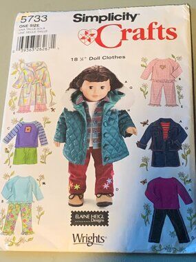Simplicity 5733 Size 18.5" Doll Clothes Sewing Pattern by Elaine Heigl Wrights